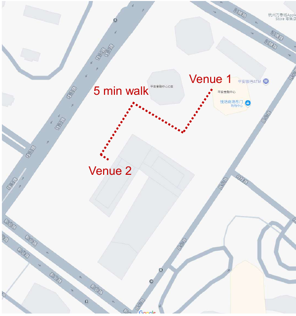 Walking map between Venue 1 and Venue 2